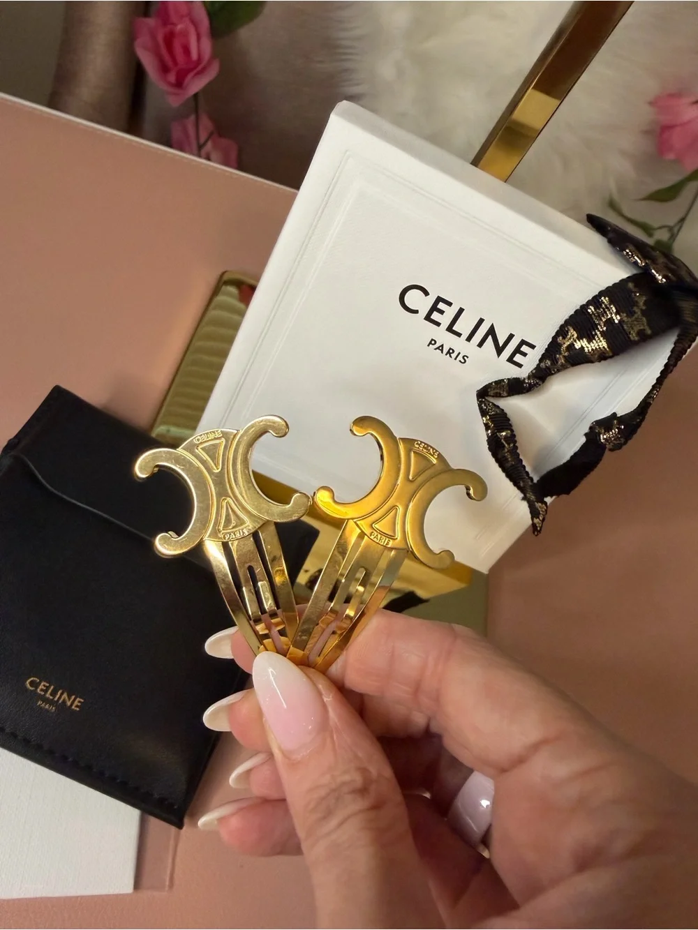 Celine Gold Triomphe Hair Clips with Black Pouch and Ribbon